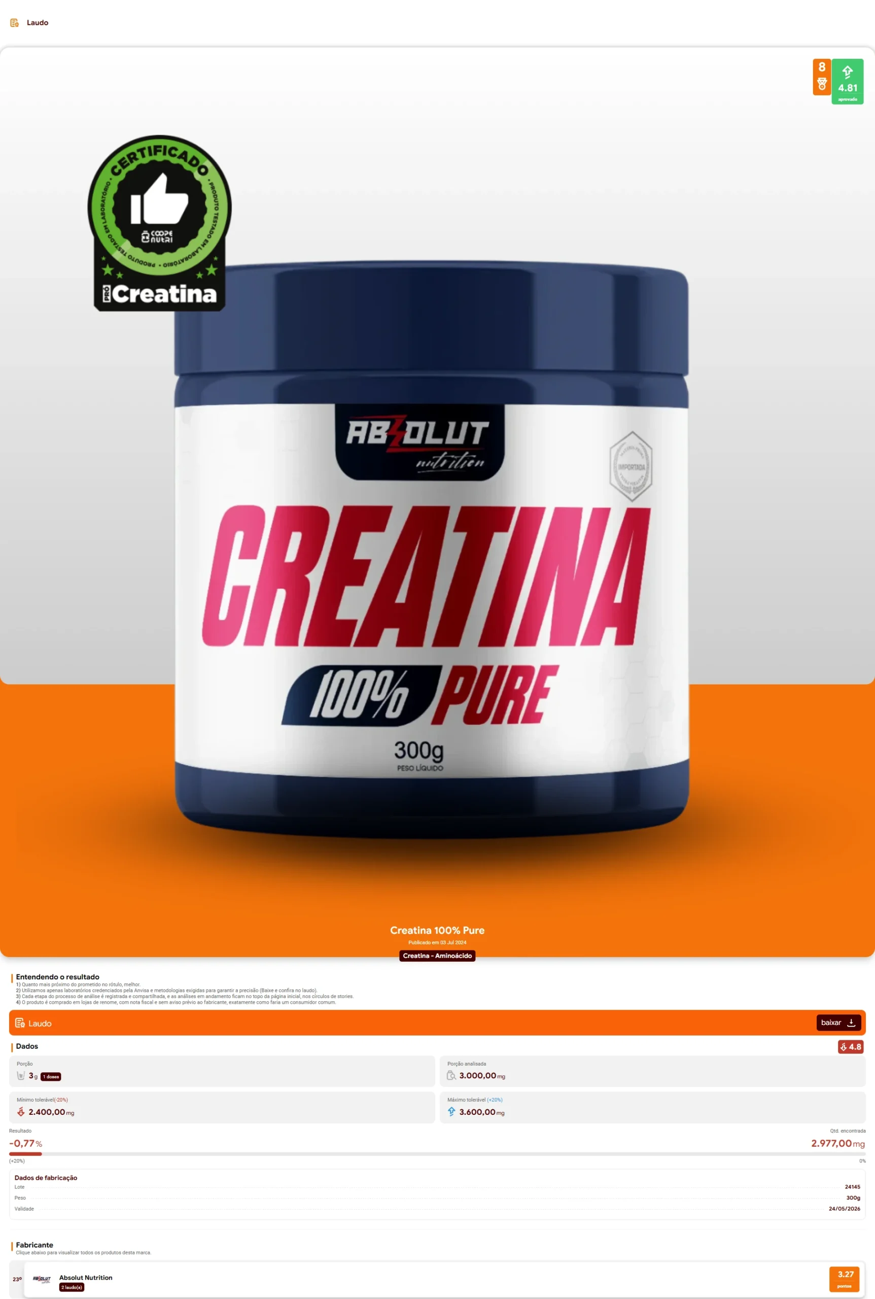 Absolut Nutrition - Creatina 100% (2024)
