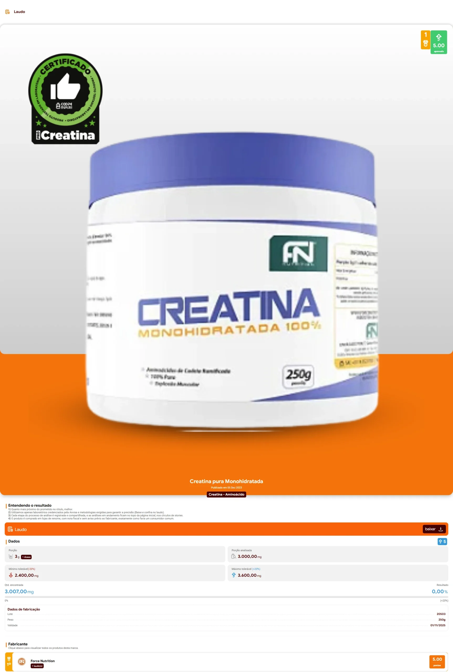 FN Force Nutrition - Creatina Monohidratada (2024)
