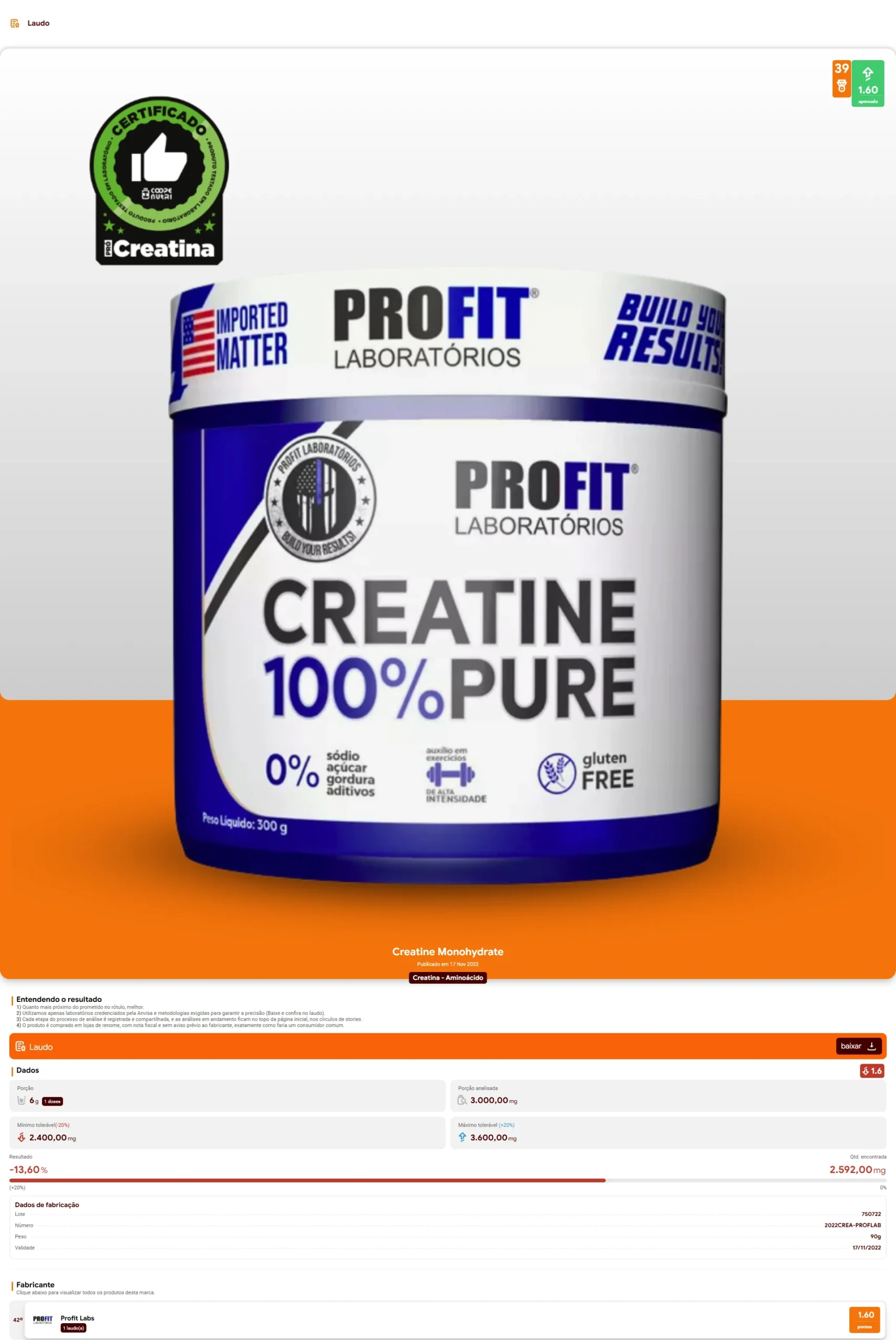 Profit Laboratórios - Creatina 100% (2024)