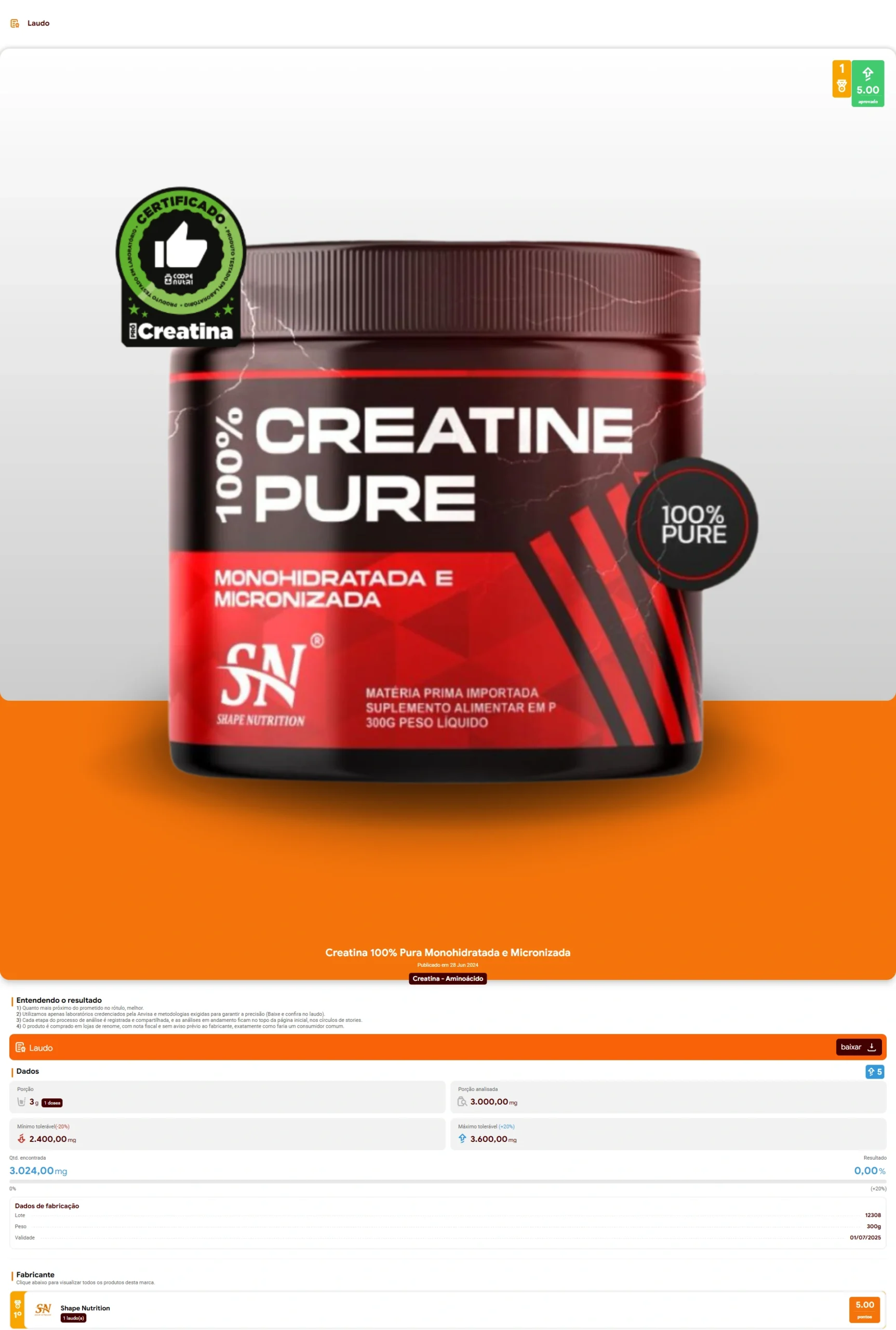 Shape Nutrition - Creatina Monohidratada (2024)