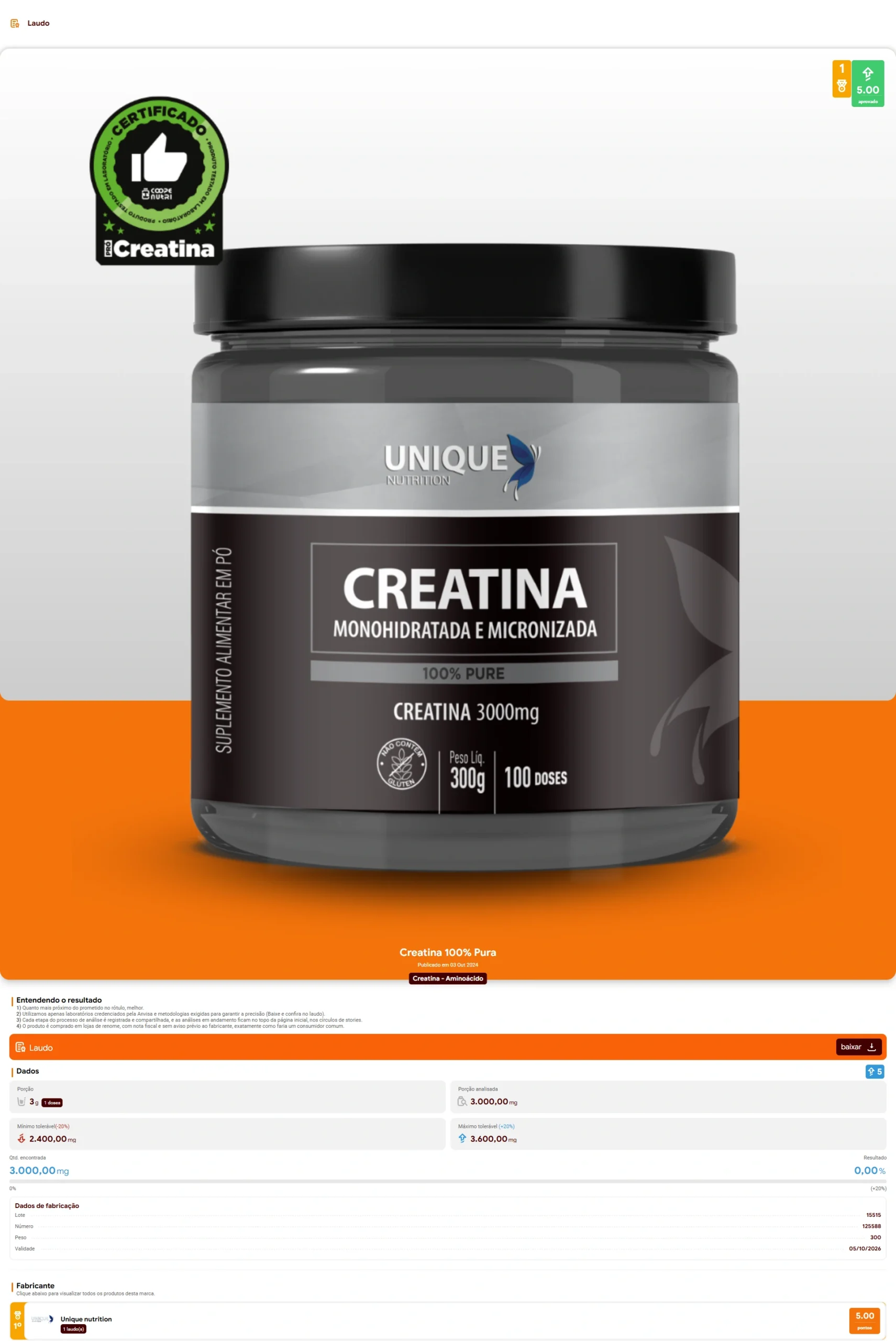 Unique Nutrition - Creatina Monohidratada (2024)
